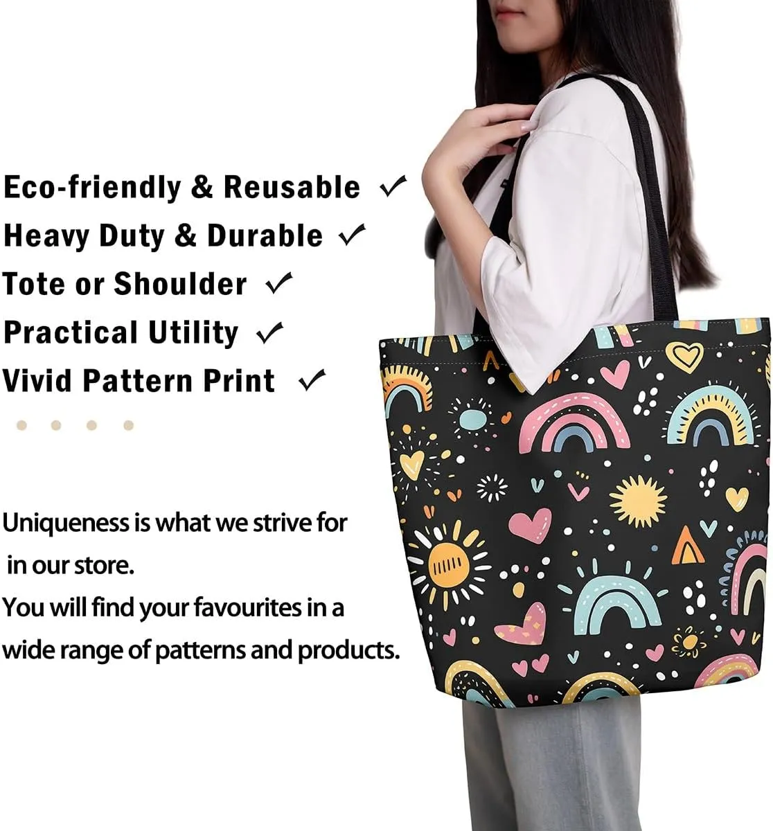 Kawaii Canvas Tote Bag for Women,Rainbow Cute Clouds Raindrop Handbag,Bohemian Stars Love Hearts Shoulder Bag