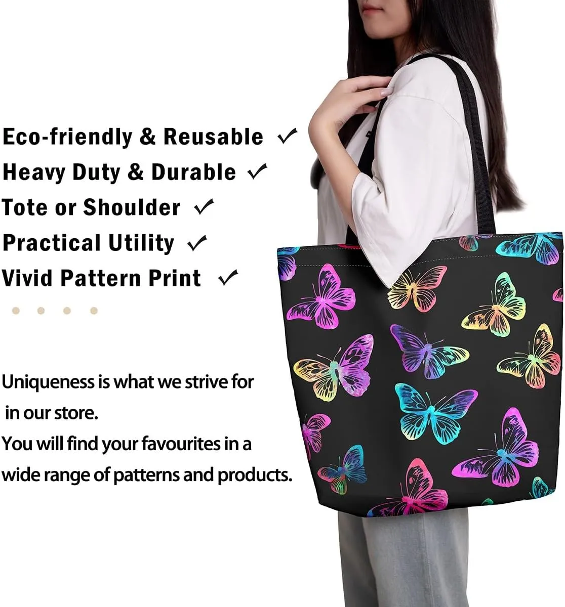Kawaii Canvas Tote Bag for Women,Rainbow Cute Clouds Raindrop Handbag,Bohemian Stars Love Hearts Shoulder Bag