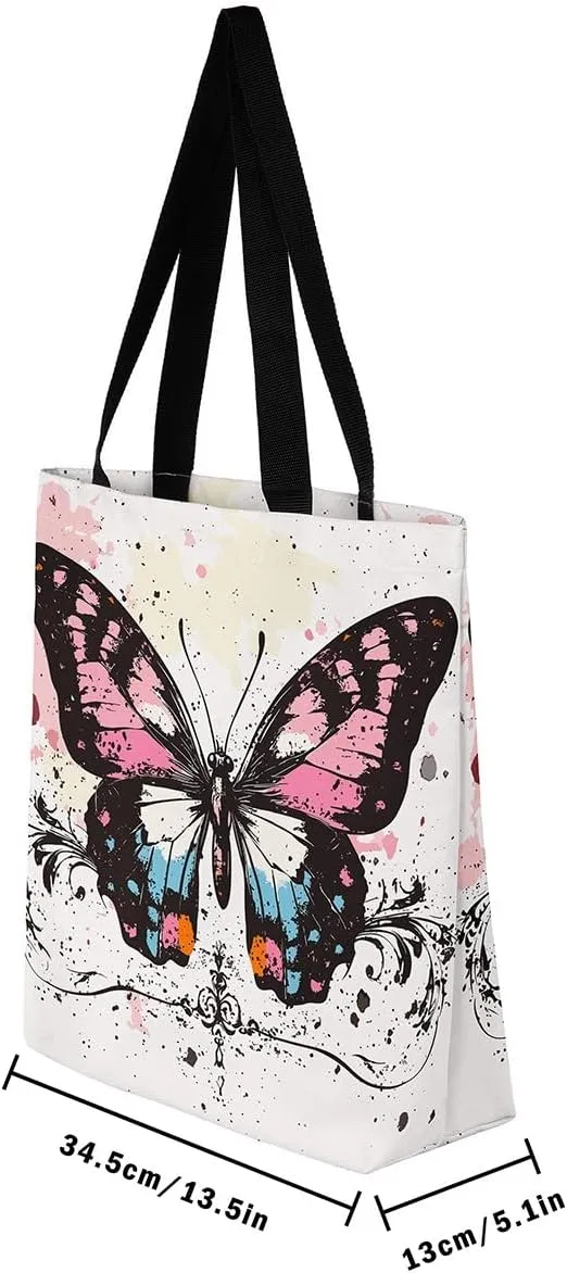 Kawaii Canvas Tote Bag for Women,Rainbow Cute Clouds Raindrop Handbag,Bohemian Stars Love Hearts Shoulder Bag