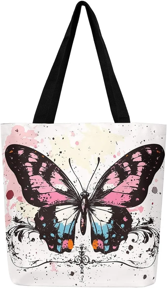 Kawaii Canvas Tote Bag for Women,Rainbow Cute Clouds Raindrop Handbag,Bohemian Stars Love Hearts Shoulder Bag