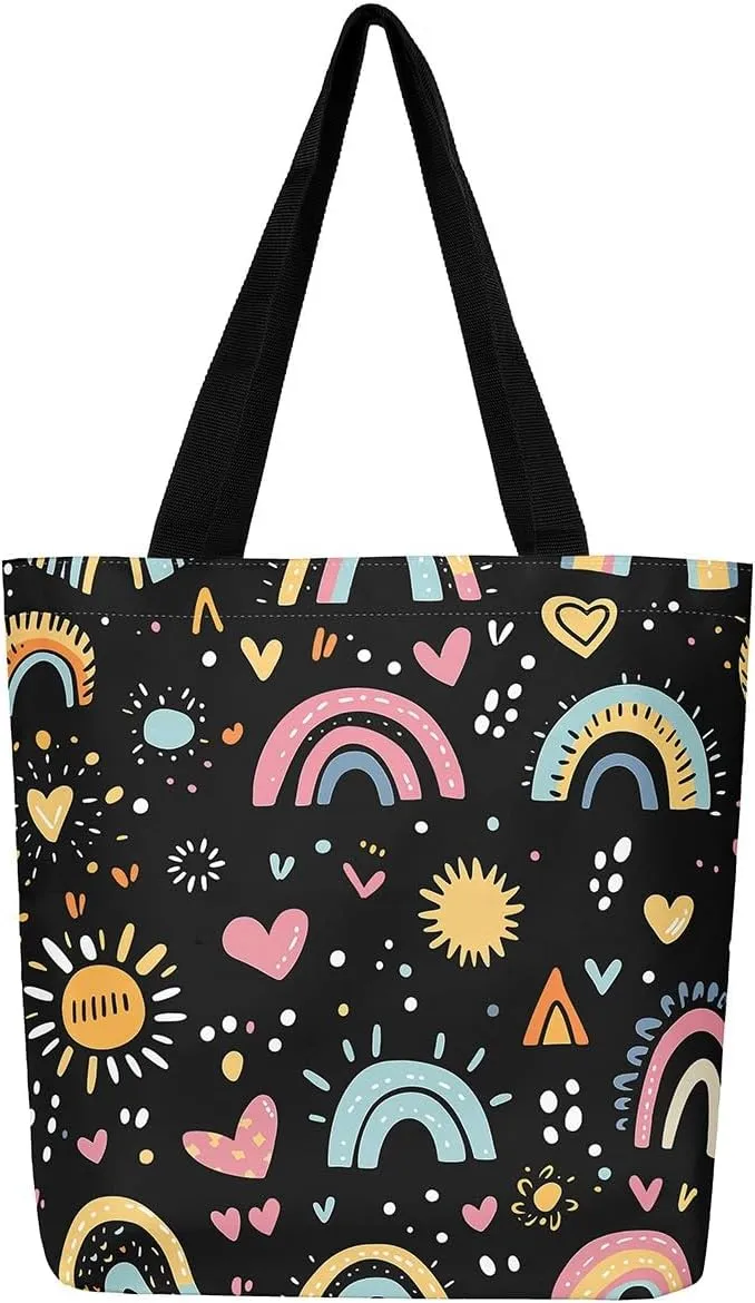 Kawaii Canvas Tote Bag for Women,Rainbow Cute Clouds Raindrop Handbag,Bohemian Stars Love Hearts Shoulder Bag
