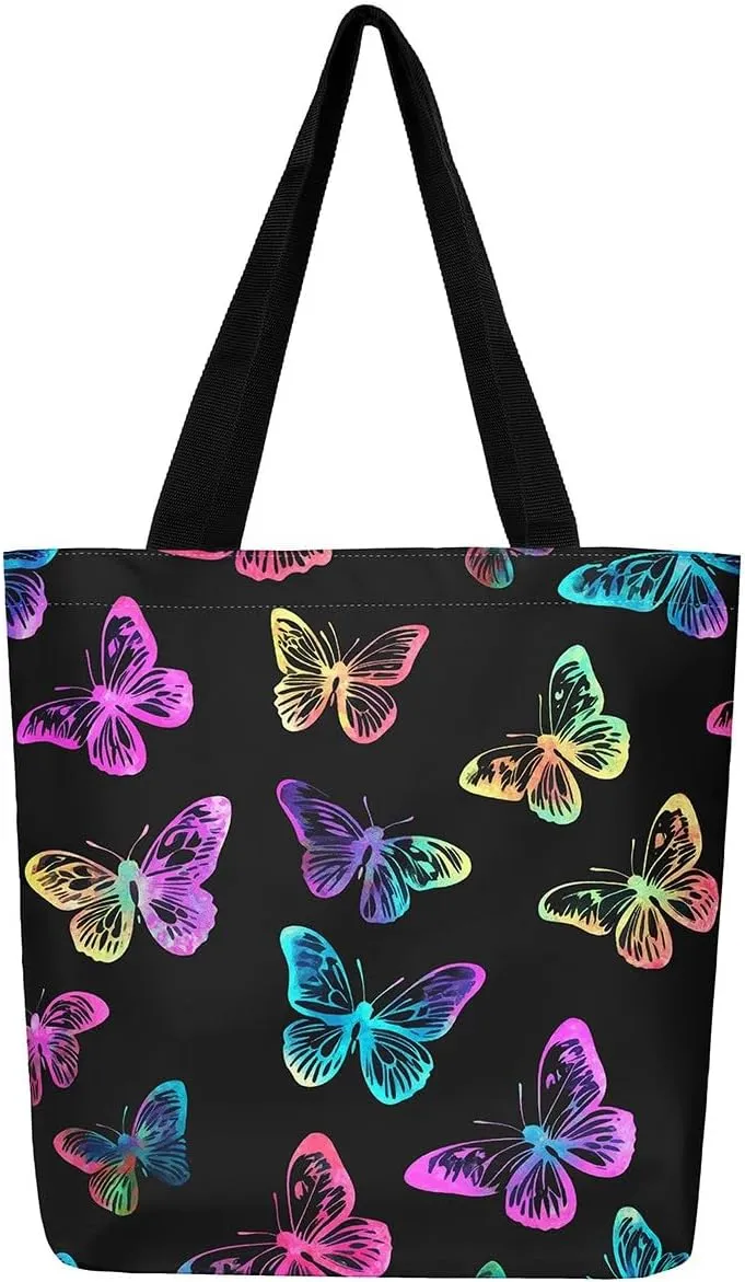 Kawaii Canvas Tote Bag for Women,Rainbow Cute Clouds Raindrop Handbag,Bohemian Stars Love Hearts Shoulder Bag