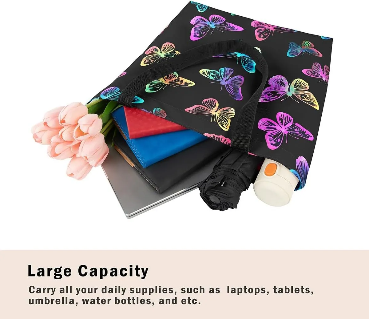 Kawaii Canvas Tote Bag for Women,Rainbow Cute Clouds Raindrop Handbag,Bohemian Stars Love Hearts Shoulder Bag