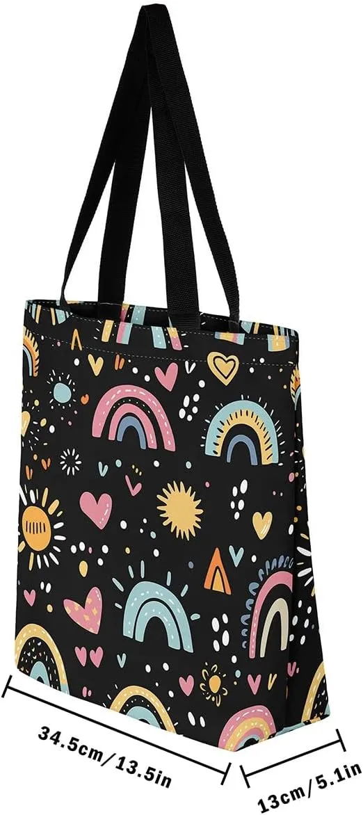 Kawaii Canvas Tote Bag for Women,Rainbow Cute Clouds Raindrop Handbag,Bohemian Stars Love Hearts Shoulder Bag