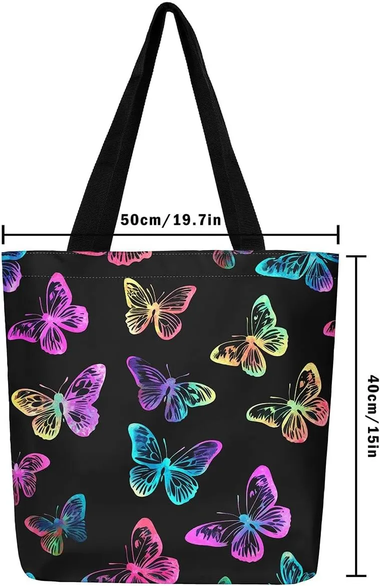Kawaii Canvas Tote Bag for Women,Rainbow Cute Clouds Raindrop Handbag,Bohemian Stars Love Hearts Shoulder Bag