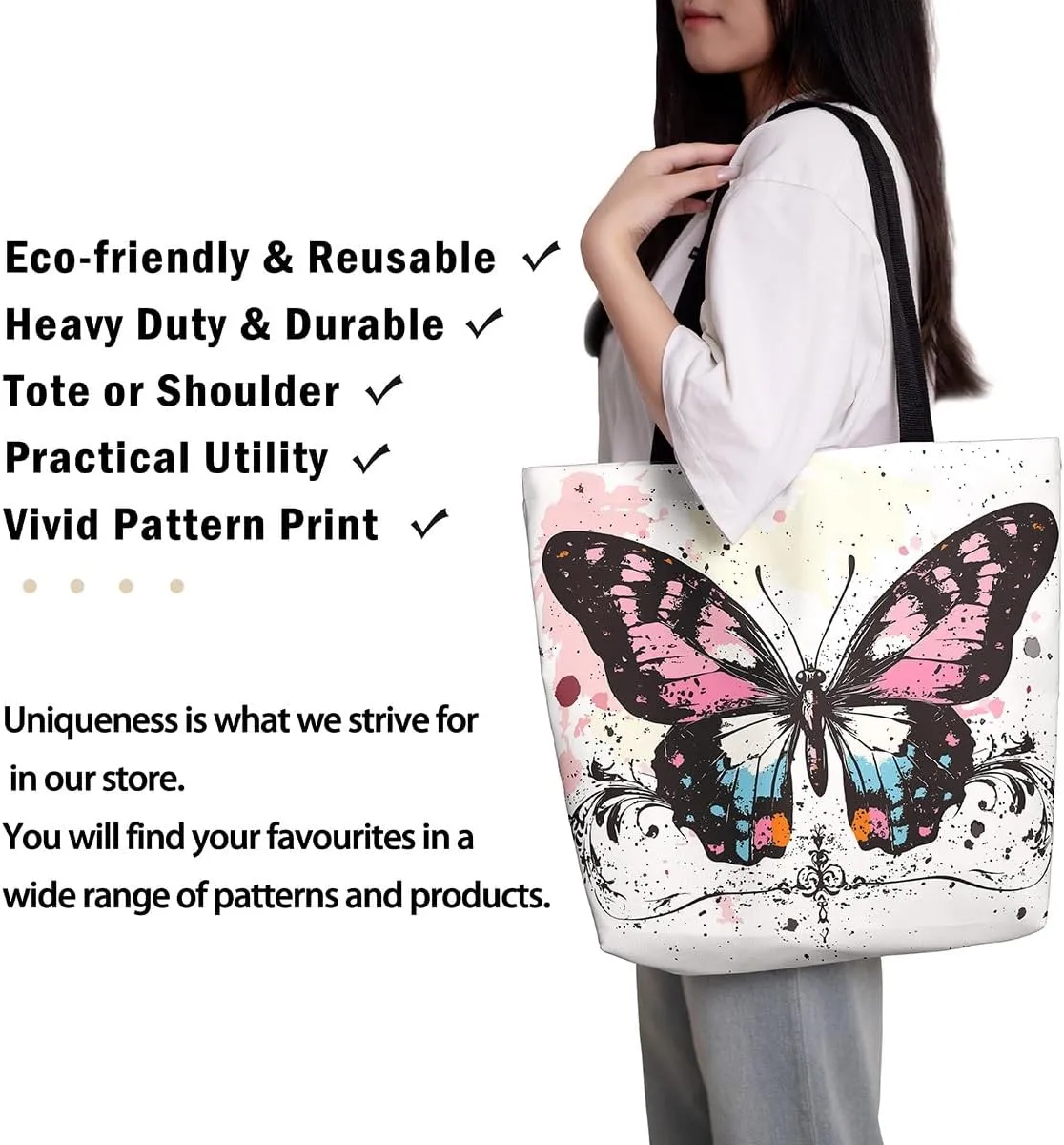 Kawaii Canvas Tote Bag for Women,Rainbow Cute Clouds Raindrop Handbag,Bohemian Stars Love Hearts Shoulder Bag