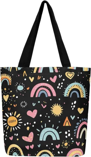 Kawaii Canvas Tote Bag for Women,Rainbow Cute Clouds Raindrop Handbag,Bohemian Stars Love Hearts Shoulder Bag