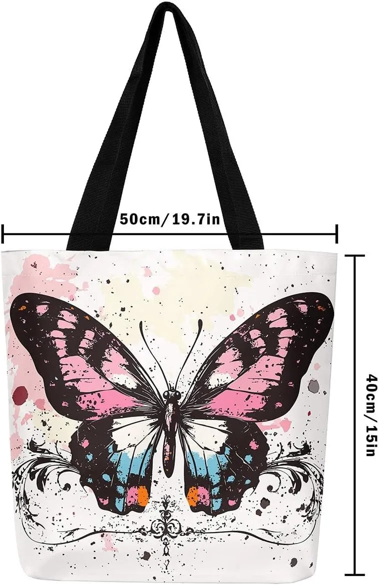 Kawaii Canvas Tote Bag for Women,Rainbow Cute Clouds Raindrop Handbag,Bohemian Stars Love Hearts Shoulder Bag