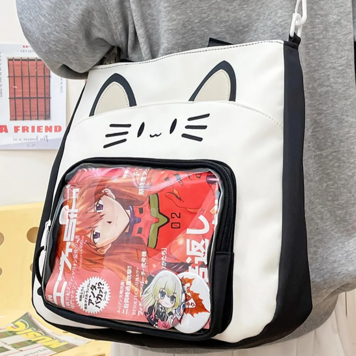Kawaii Cat Ita Bag with Insert Large Capacity Pin Display Bag Crossbody Y2K for Anime Cosplay Reflective (Black)