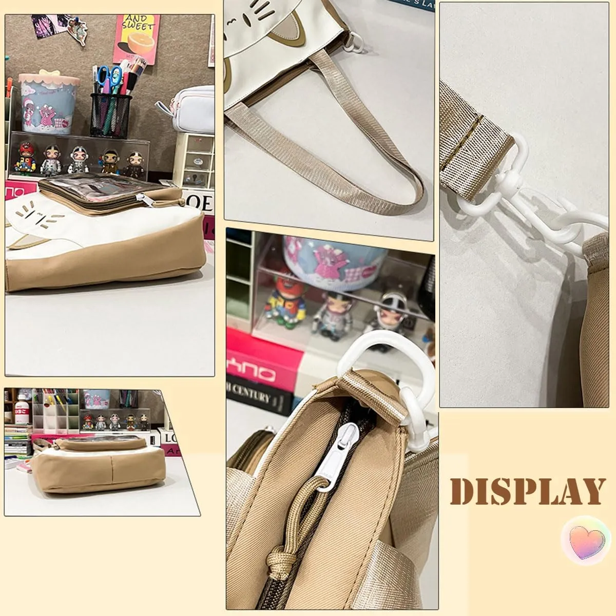 Kawaii Cat Ita Bag with Insert Large Capacity Pin Display Bag Crossbody Y2K for Anime Cosplay Reflective (Black)