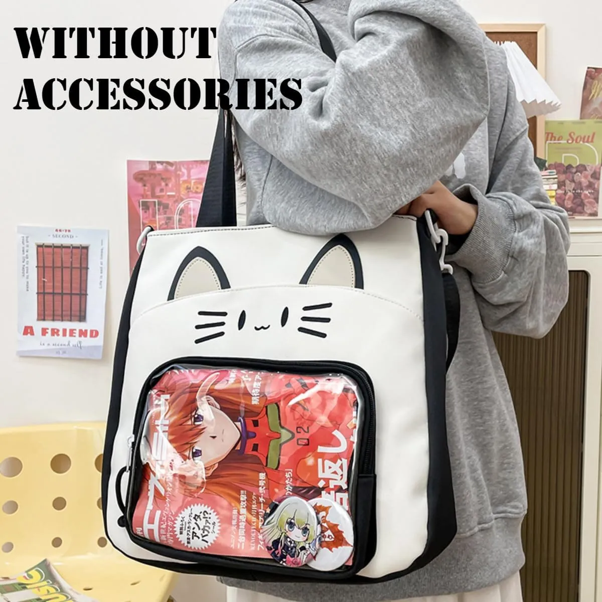Kawaii Cat Ita Bag with Insert Large Capacity Pin Display Bag Crossbody Y2K for Anime Cosplay Reflective (Black)