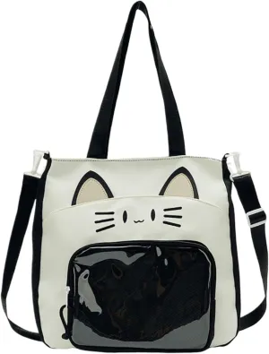 Kawaii Cat Ita Bag with Insert Large Capacity Pin Display Bag Crossbody Y2K for Anime Cosplay Reflective (Black)
