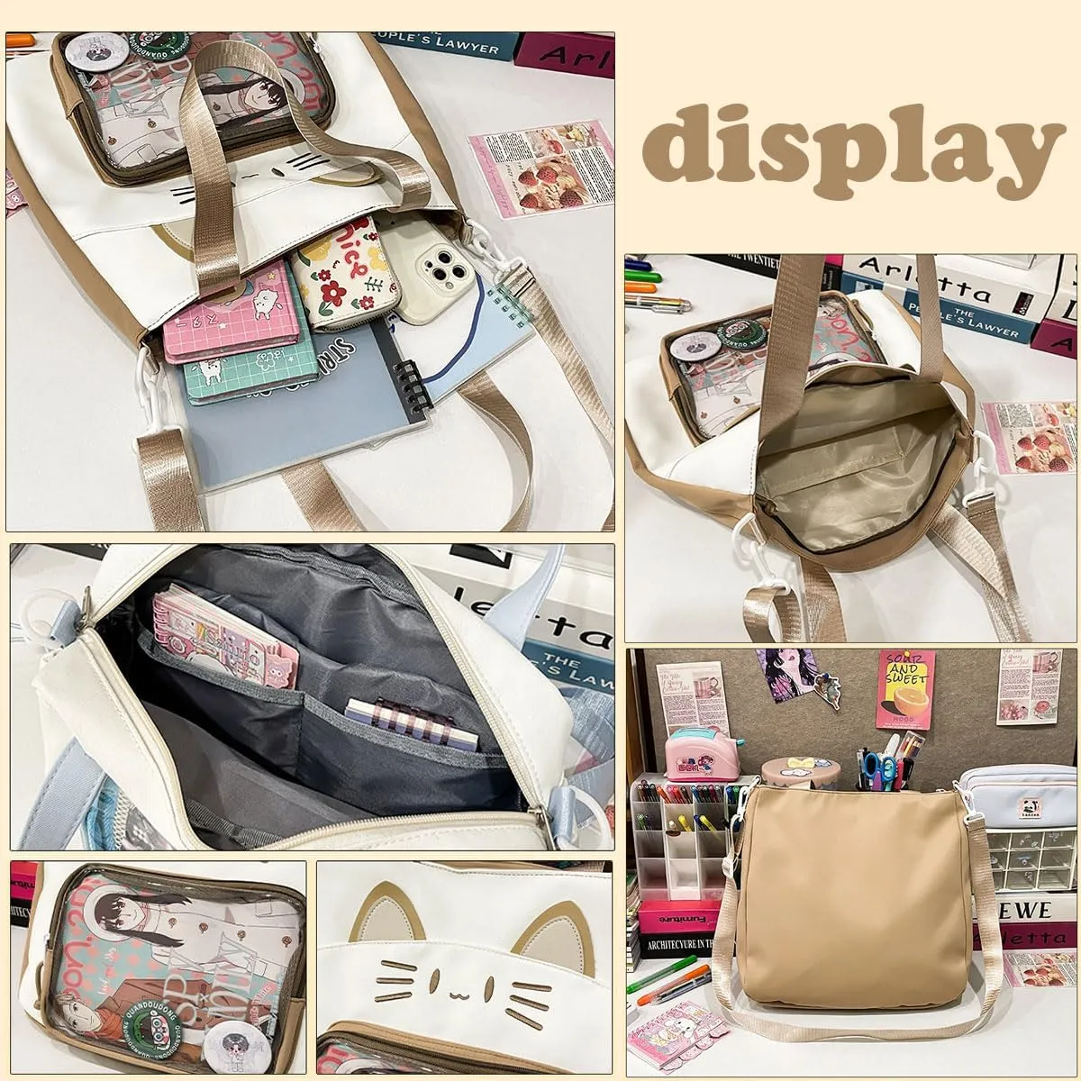 Kawaii Cat Ita Bag with Insert Large Capacity Pin Display Bag Crossbody Y2K for Anime Cosplay Reflective (Black)