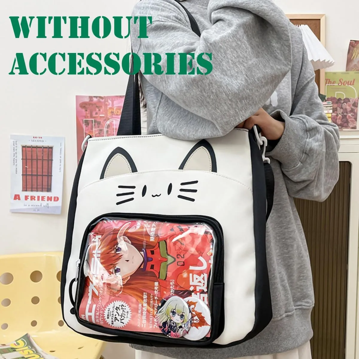 Kawaii Cat Ita Bag with Insert Large Capacity Pin Display Bag Crossbody Y2K for Anime Cosplay Reflective (Green)