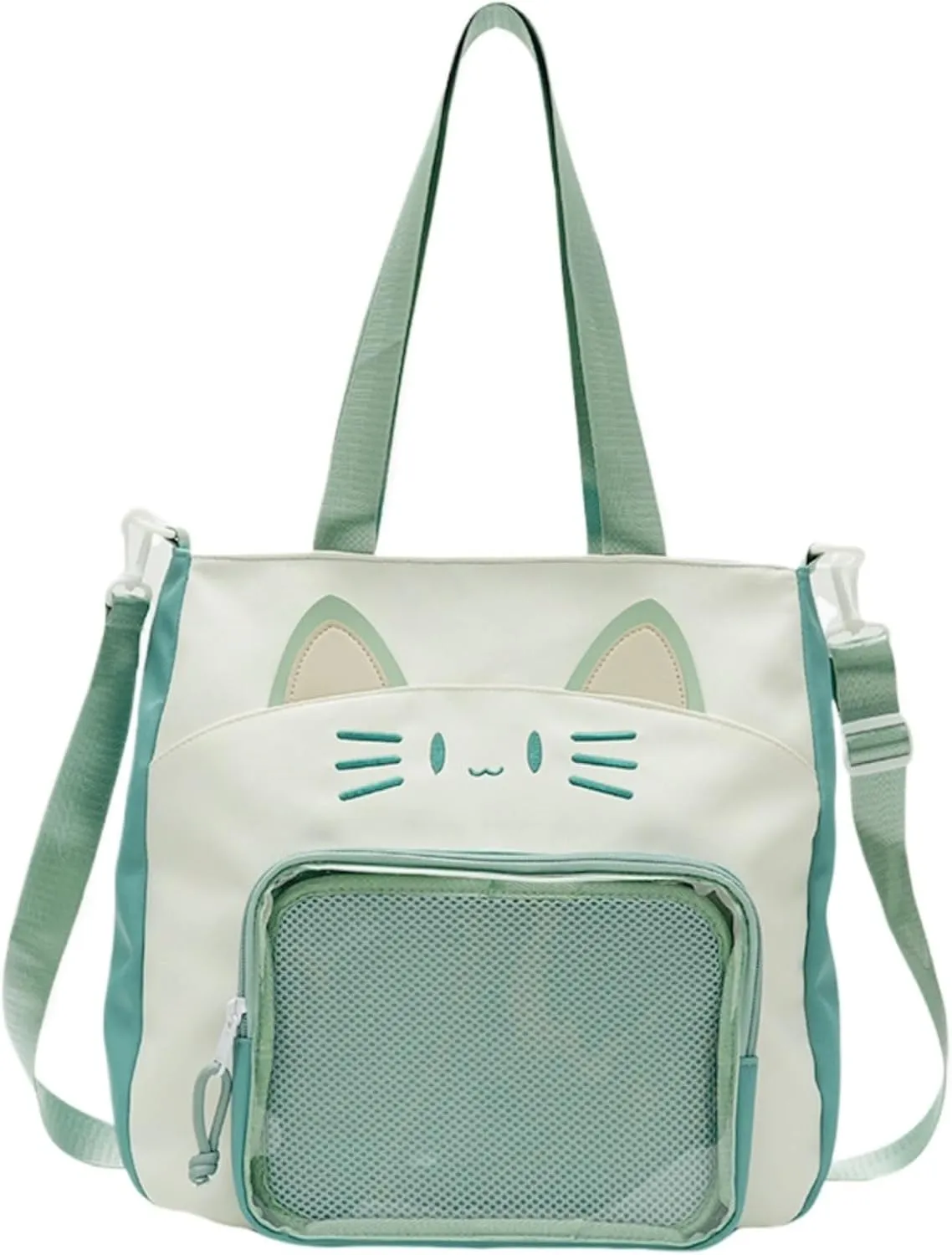 Kawaii Cat Ita Bag with Insert Large Capacity Pin Display Bag Crossbody Y2K for Anime Cosplay Reflective (Green)