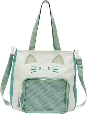 Kawaii Cat Ita Bag with Insert Large Capacity Pin Display Bag Crossbody Y2K for Anime Cosplay Reflective (Green)