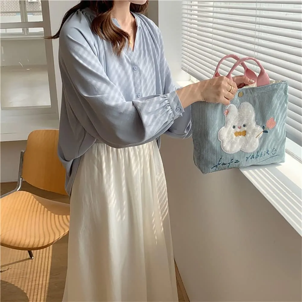 Kawaii Rabbit Embroidered Canvas Bag, Corduroy Tote Bag, Bento Messenger Bag With Snap, Square Handbag For Women