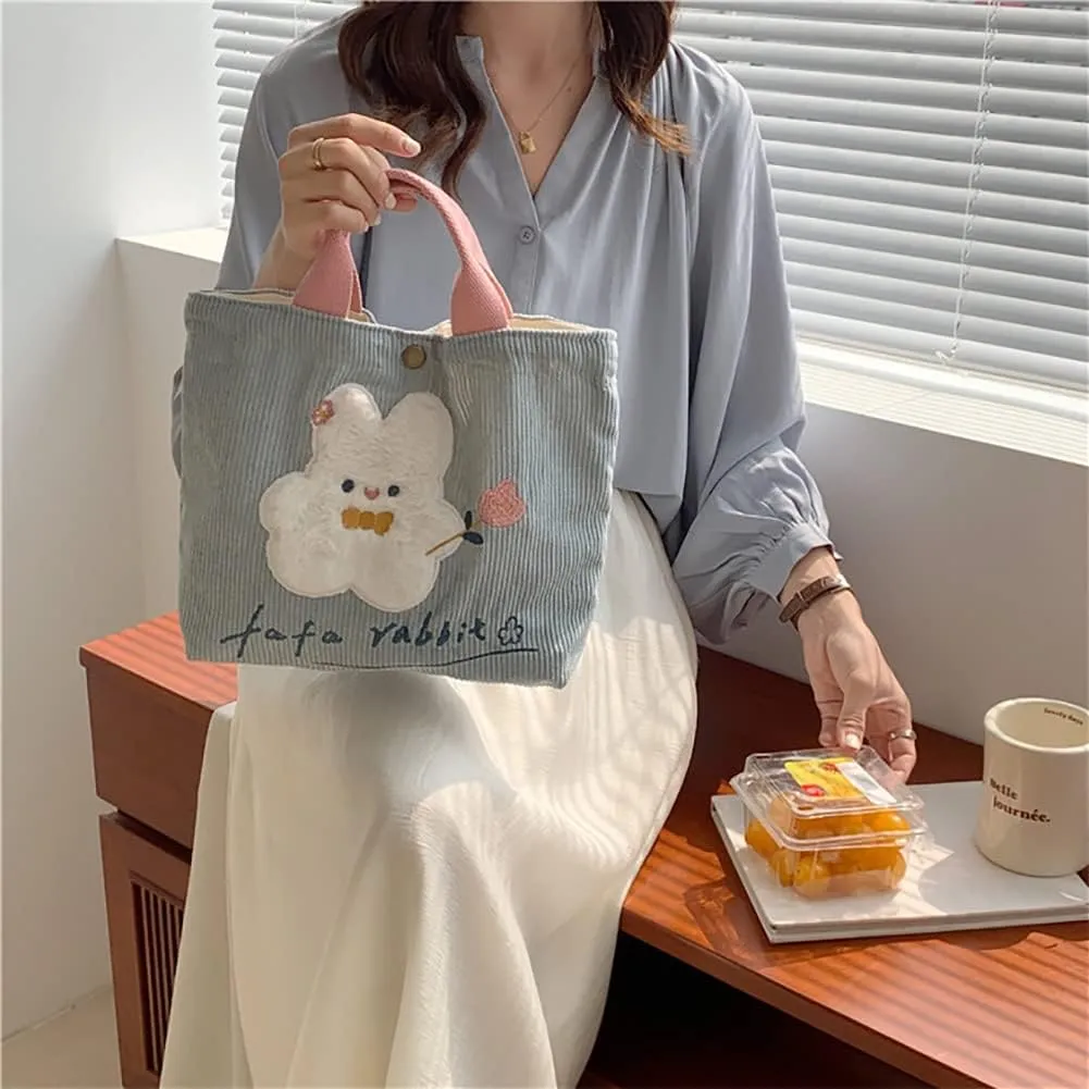Kawaii Rabbit Embroidered Canvas Bag, Corduroy Tote Bag, Bento Messenger Bag With Snap, Square Handbag For Women