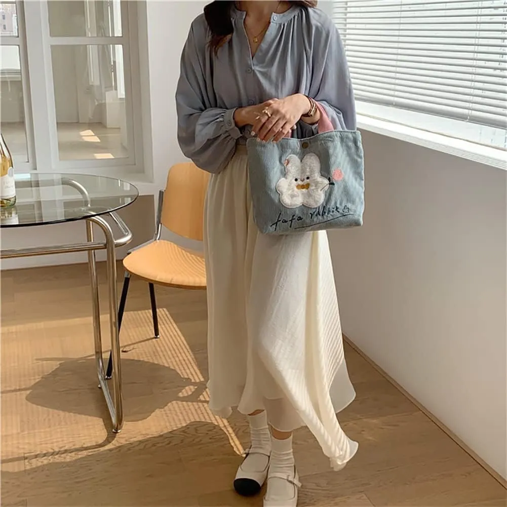 Kawaii Rabbit Embroidered Canvas Bag, Corduroy Tote Bag, Bento Messenger Bag With Snap, Square Handbag For Women