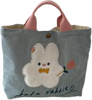 Kawaii Rabbit Embroidered Canvas Bag, Corduroy Tote Bag, Bento Messenger Bag With Snap, Square Handbag For Women