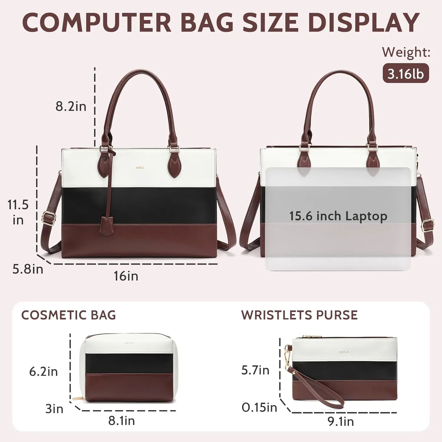 Keyli 3pcs Laptop Bag for Women,15.6 Inch Work Tote Bags Waterproof Leather Business Computer Briefcase Shoulder Handbag