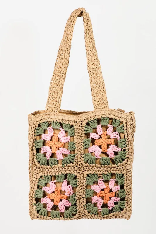 Khaki Floral Straw Braided Woven Pattern Tote Bag