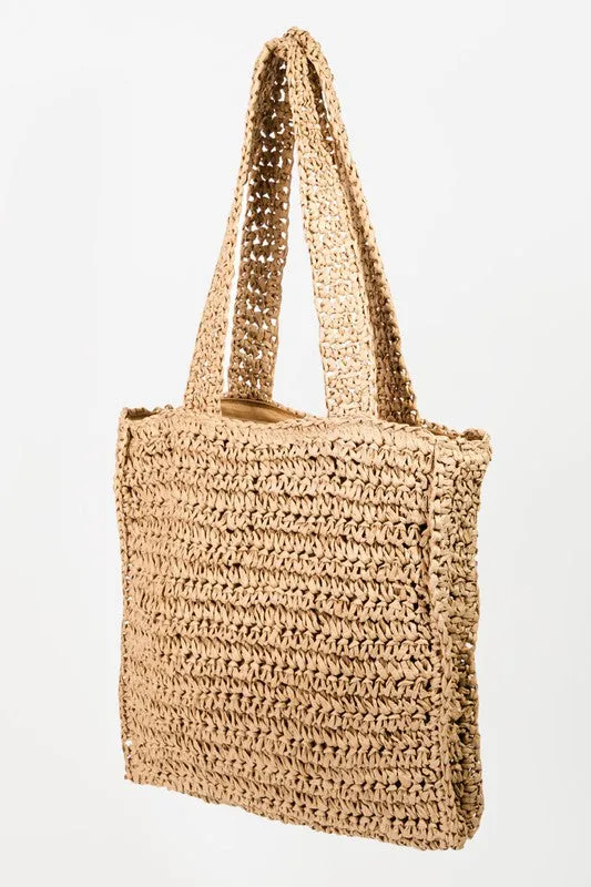 Khaki Floral Straw Braided Woven Pattern Tote Bag