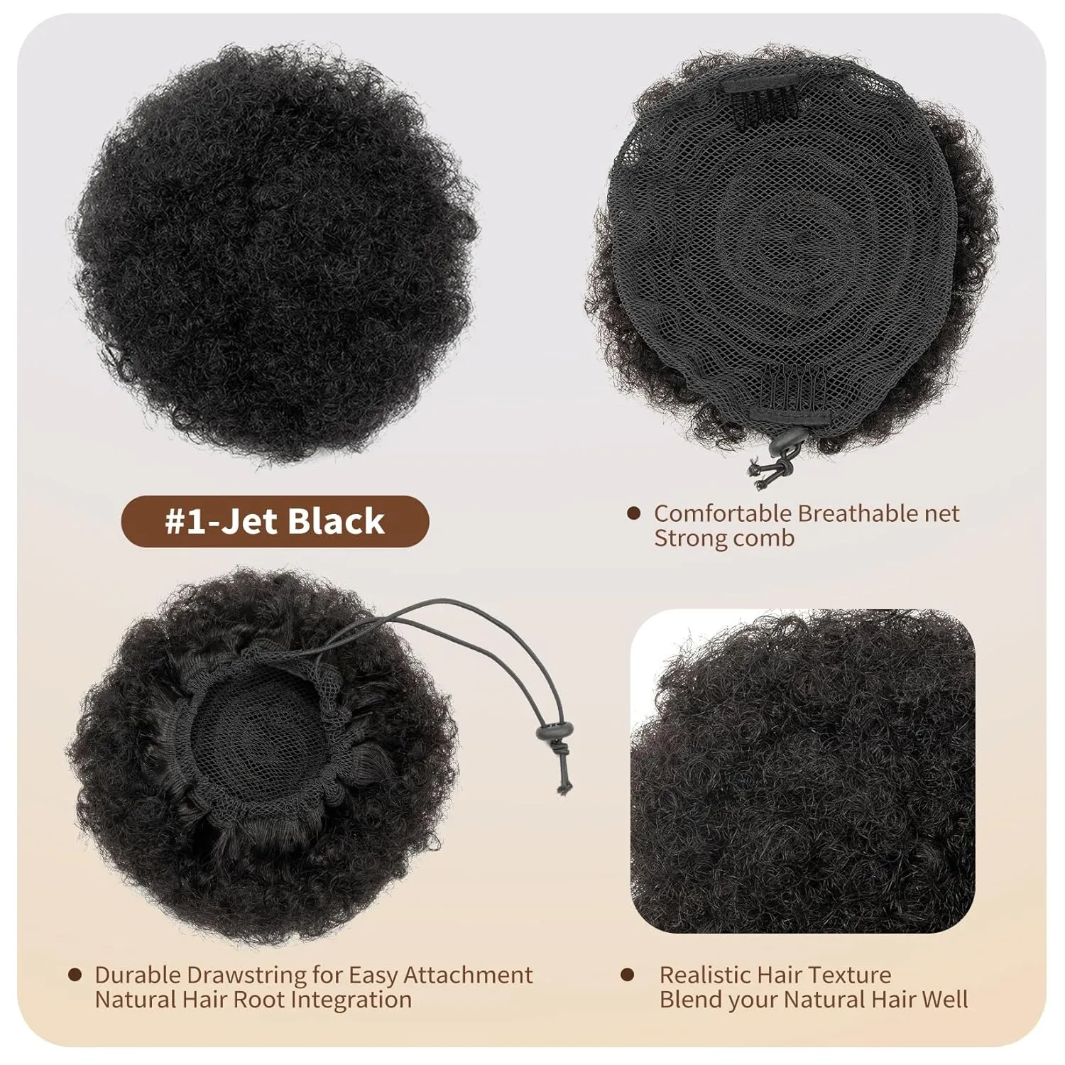 Kids Small Afro Puff 4 Inch Feipro Real Human Hair Ponytail Extension for Baby Black Women Short Kinky Curly Ponytail Drawstring Ponytail 4c Fake Bun Children African American Afro Puffs Jet Black 30g