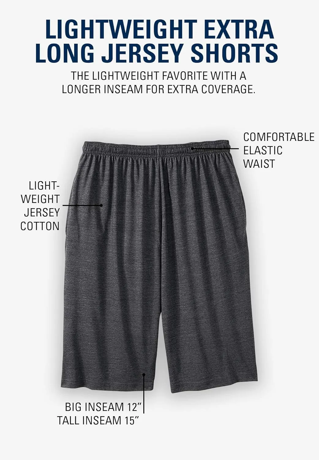 KingSize Men's Big & Tall Lightweight Extra Long Jersey Shorts