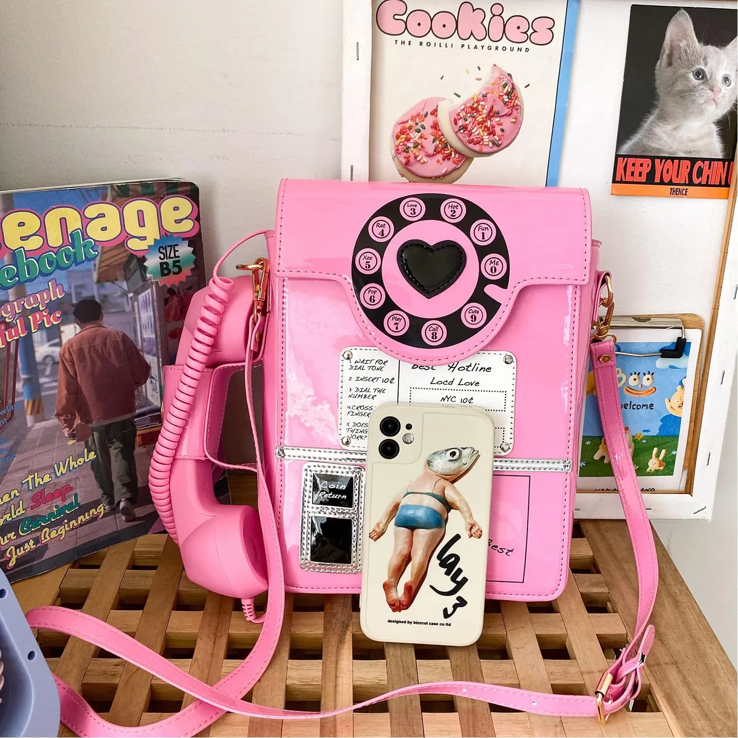 KUANG! Women Reflective Fashion Telephone Shaped Shoulder Bag Ladies Novelty Microphone Crossbody Bag Chain Purse for Girls