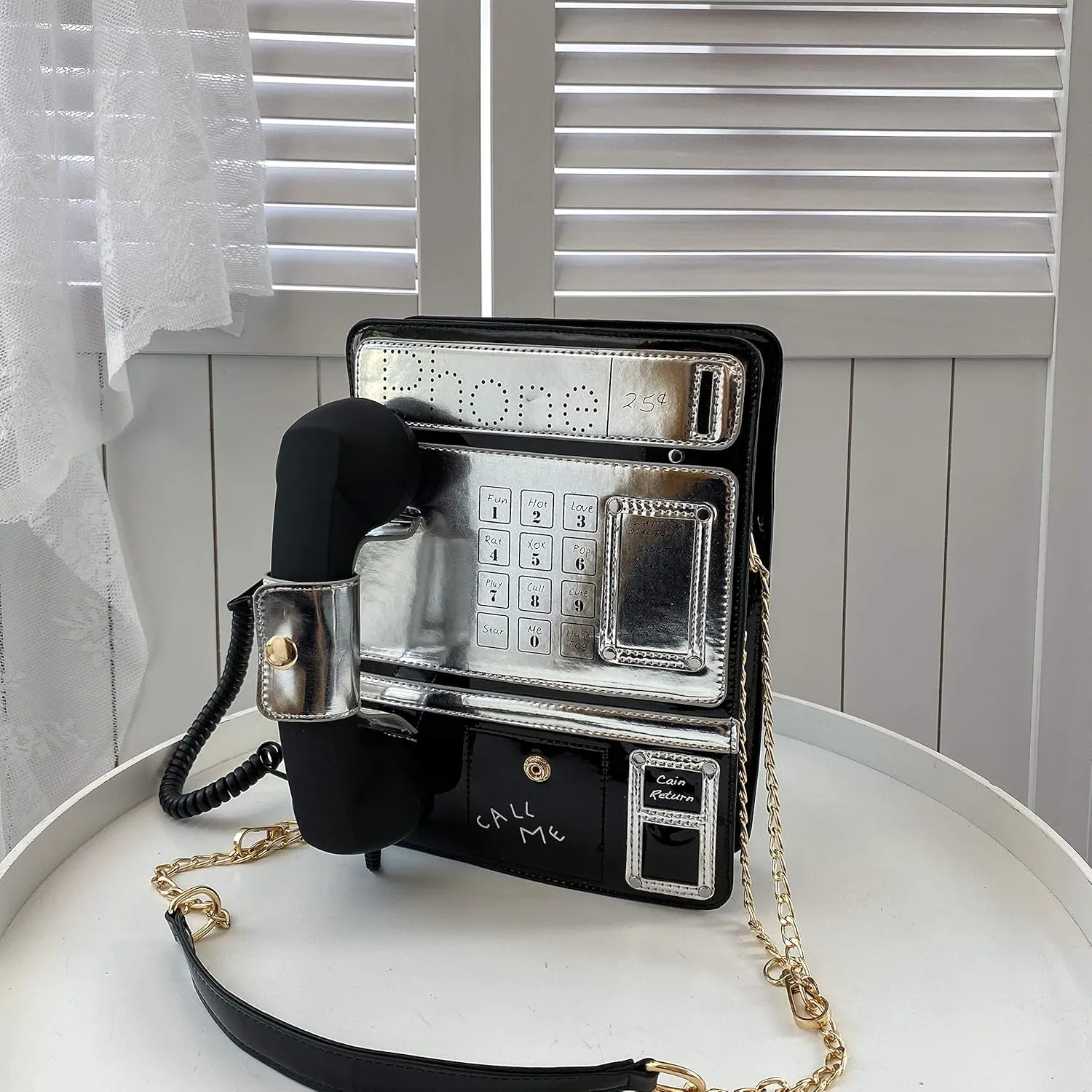 KUANG! Women Reflective Laser Fashion Telephone Shaped Shoulder Bag Ladies Funny Crossbody Bag Chain Purse