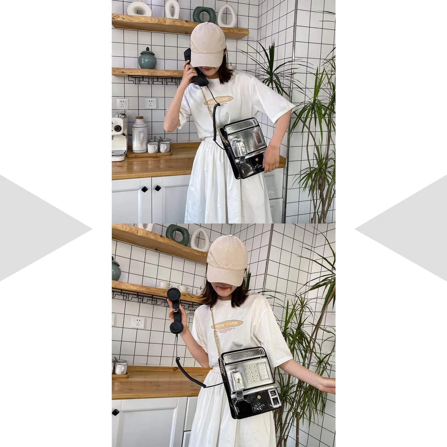 KUANG! Women Reflective Laser Fashion Telephone Shaped Shoulder Bag Ladies Funny Crossbody Bag Chain Purse