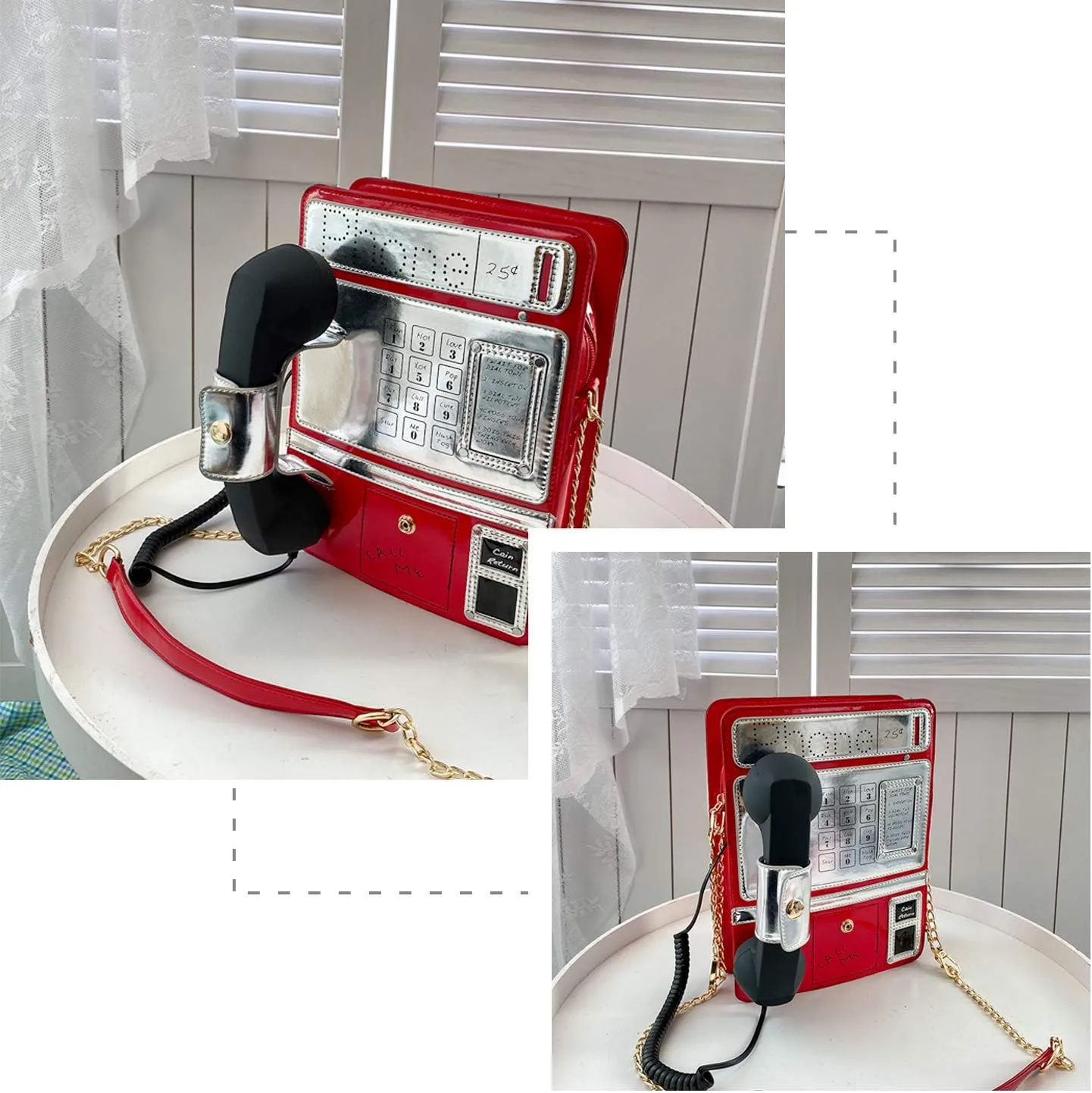 KUANG! Women Reflective Laser Fashion Telephone Shaped Shoulder Bag Ladies Funny Crossbody Bag Chain Purse