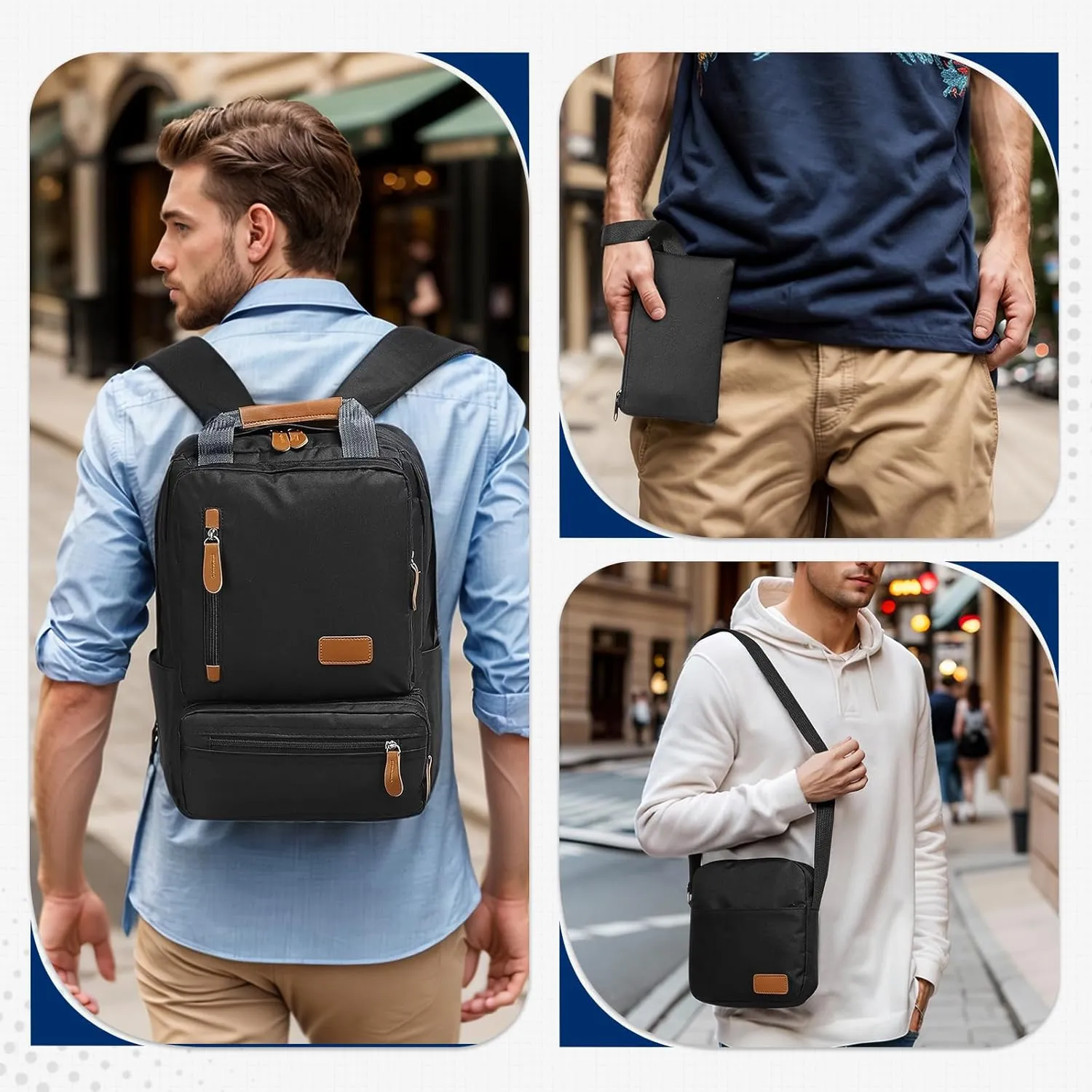 Laptop Backpack, Crossbody Bag, Handbag, Backpack Set - 3-in-1 Combo, Oxford Cloth Water Resistant for Men Women for Travel Work Study Daily Use, Black