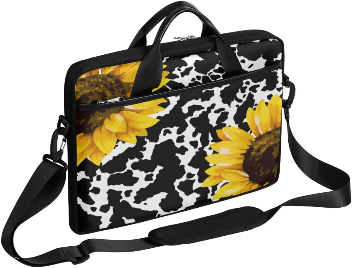 Laptop Shoulder Bag for Men Women Cow Print Sunflower Slim Briefcase Messenger Bag Waterproof 15.6 Inch Laptop Bag Carrying Case Fit 14-15.6 Inch Notebook Computer Tablet