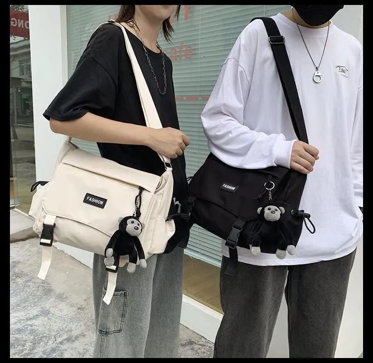 Large Capacity Unisex Shoulder Bag - Japan Korean Style Leisure Waterproof Nylon Messenger Black Oxford Book Bag
