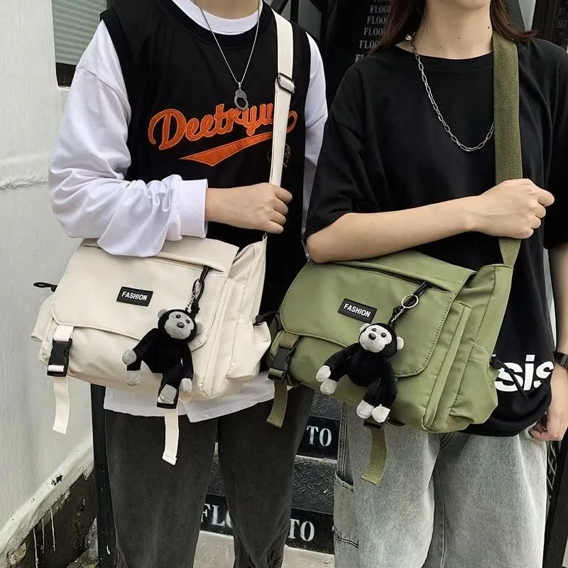 Large Capacity Unisex Shoulder Bag - Japan Korean Style Leisure Waterproof Nylon Messenger Black Oxford Book Bag
