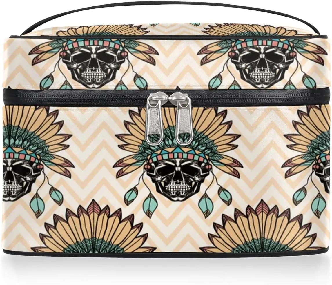 Large Makeup Bag African Egyptian Geometry Cosmetic Bag, Travel Toiletry Bag for Women Cute Skincare Pouches with Handle Divider,Portable Aesthetic Makeup Box Organizer Bag for Girls