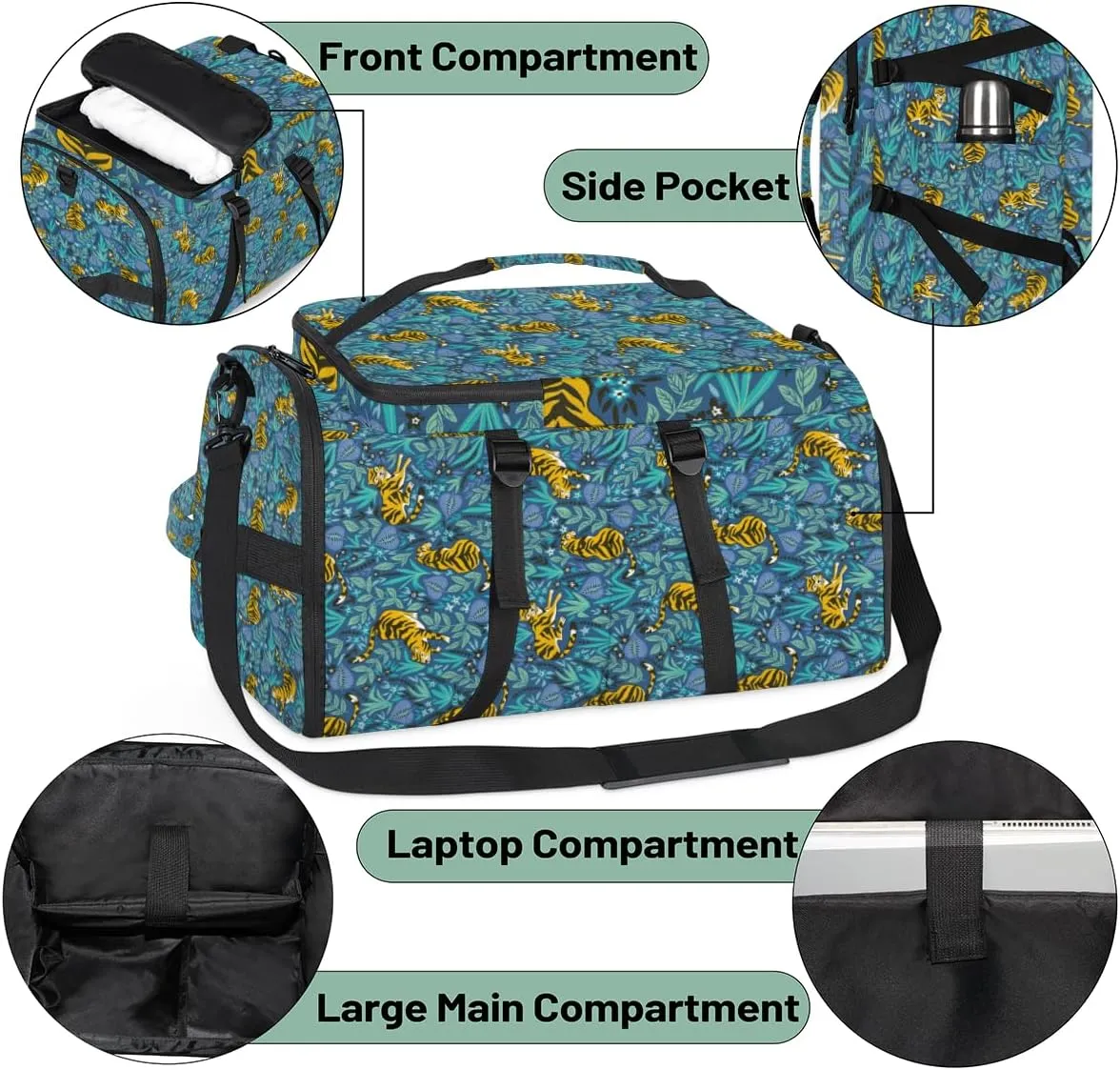 Large Sports Gym Bag With Shoe & Laptop Compartment 47L Waterproof Travel Duffel Bags for Men Women Bohemian Tiger Luggage Backpack Duffle Bag