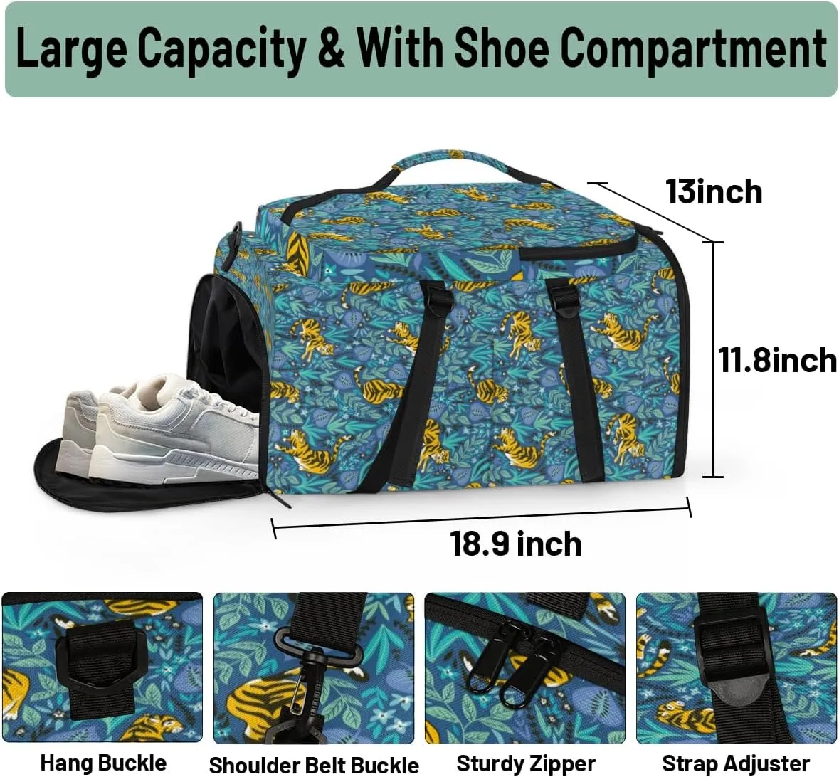 Large Sports Gym Bag With Shoe & Laptop Compartment 47L Waterproof Travel Duffel Bags for Men Women Bohemian Tiger Luggage Backpack Duffle Bag
