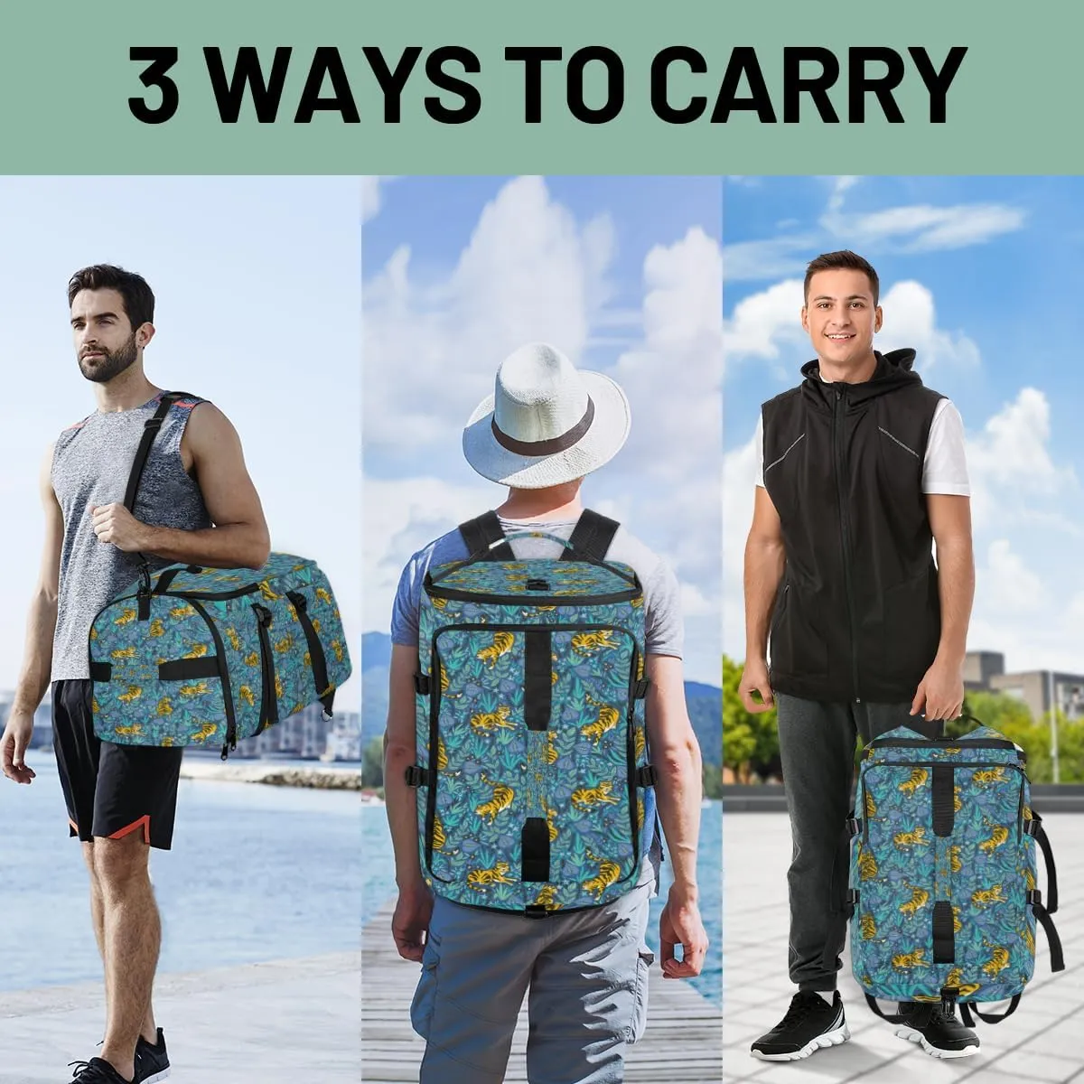 Large Sports Gym Bag With Shoe & Laptop Compartment 47L Waterproof Travel Duffel Bags for Men Women Bohemian Tiger Luggage Backpack Duffle Bag