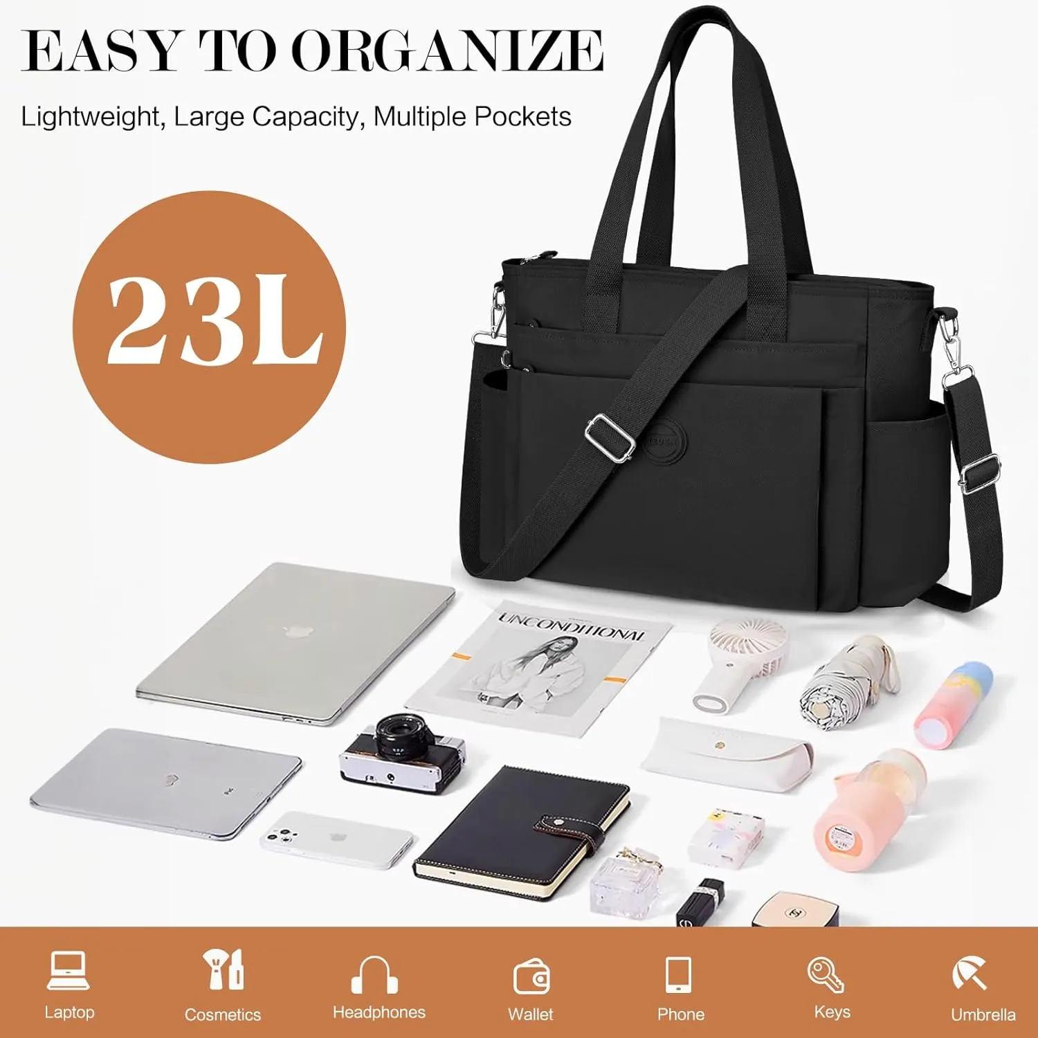 Large Tote Bag for Women, Waterproof Nylon Crossbody Tote Bag Shoulder Bag Carry On Bags for Travel Work Gym