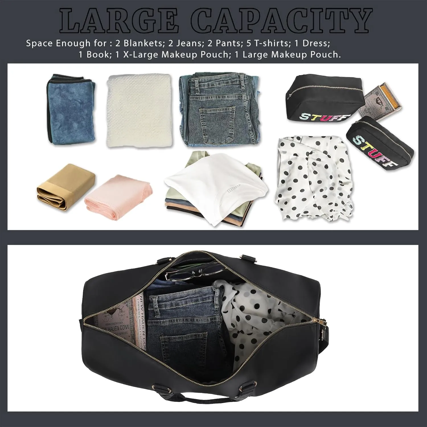 Large Travel Duffel Bag Daytrip Bag Weekender Bag Women & Men (Black)