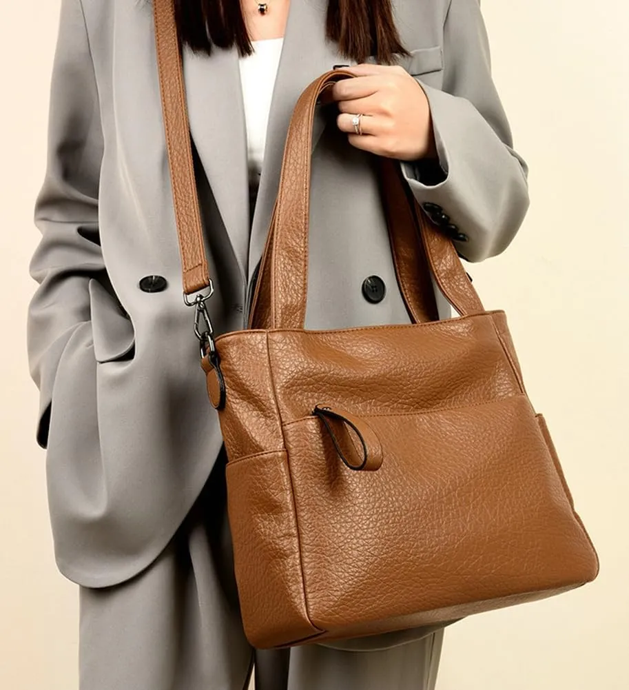 Large Vegan Leather Tote Bag for Women Soft Working Shoulder Crossbody Purse Casual Handbag Multi Pocket Satchel