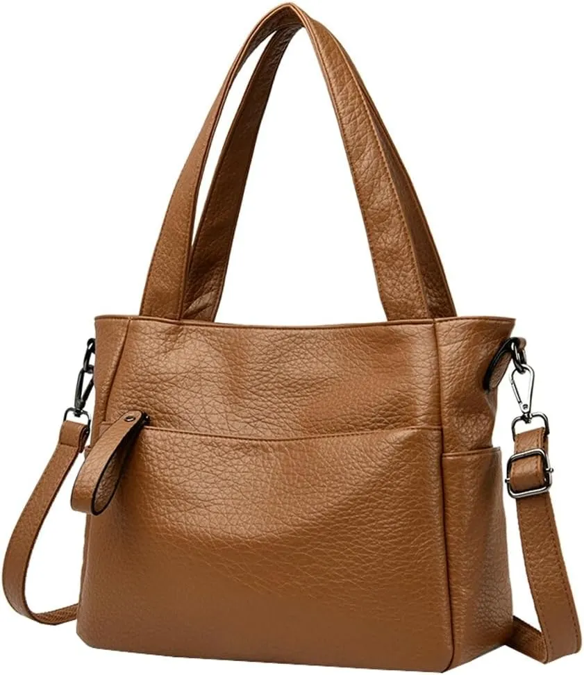 Large Vegan Leather Tote Bag for Women Soft Working Shoulder Crossbody Purse Casual Handbag Multi Pocket Satchel