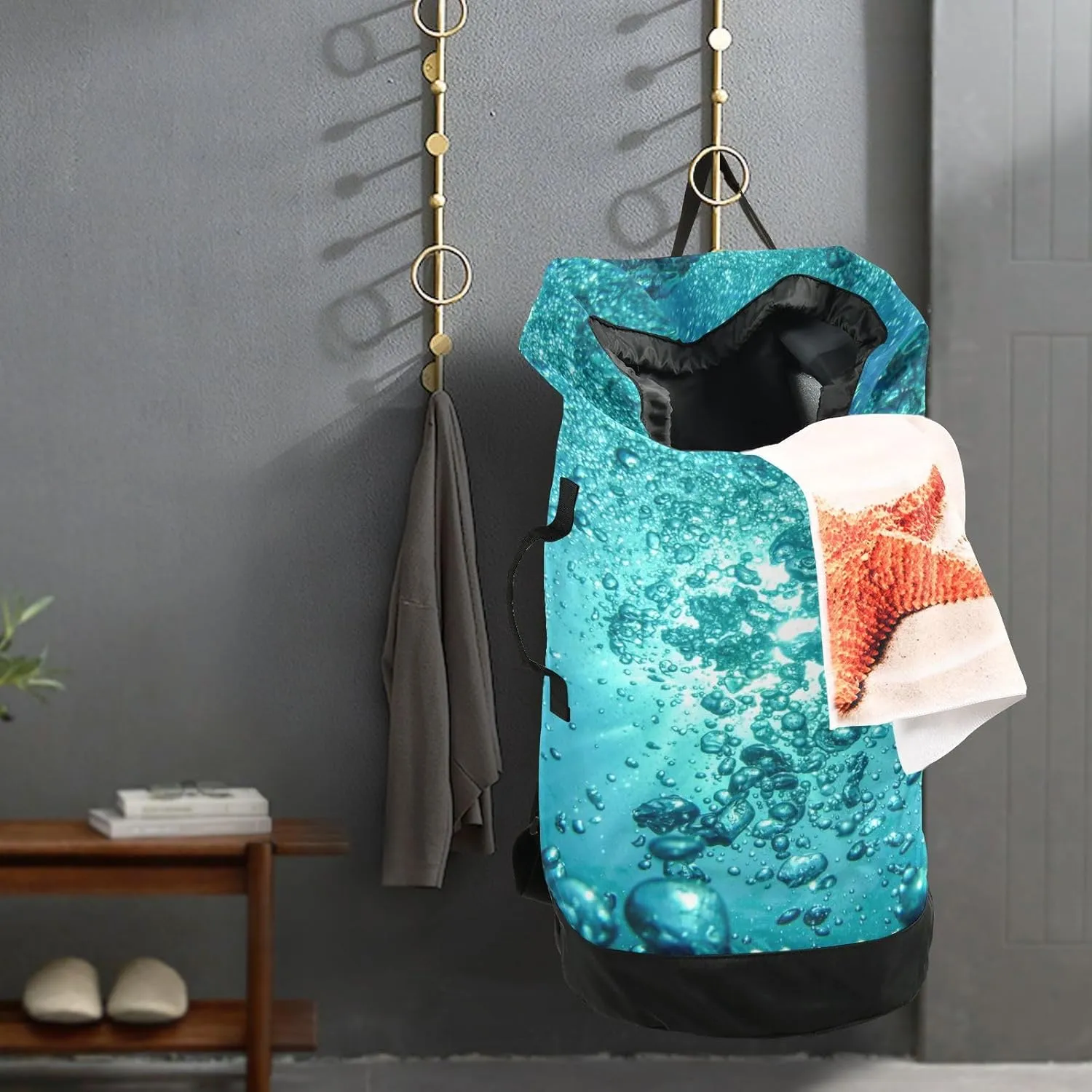 Laundry Backpack with Shoulder Straps Drawstring Laundry Bags Extra Large Heavy Duty for College Dorm Travel Laundromat Apartment Camping Bubbles Water