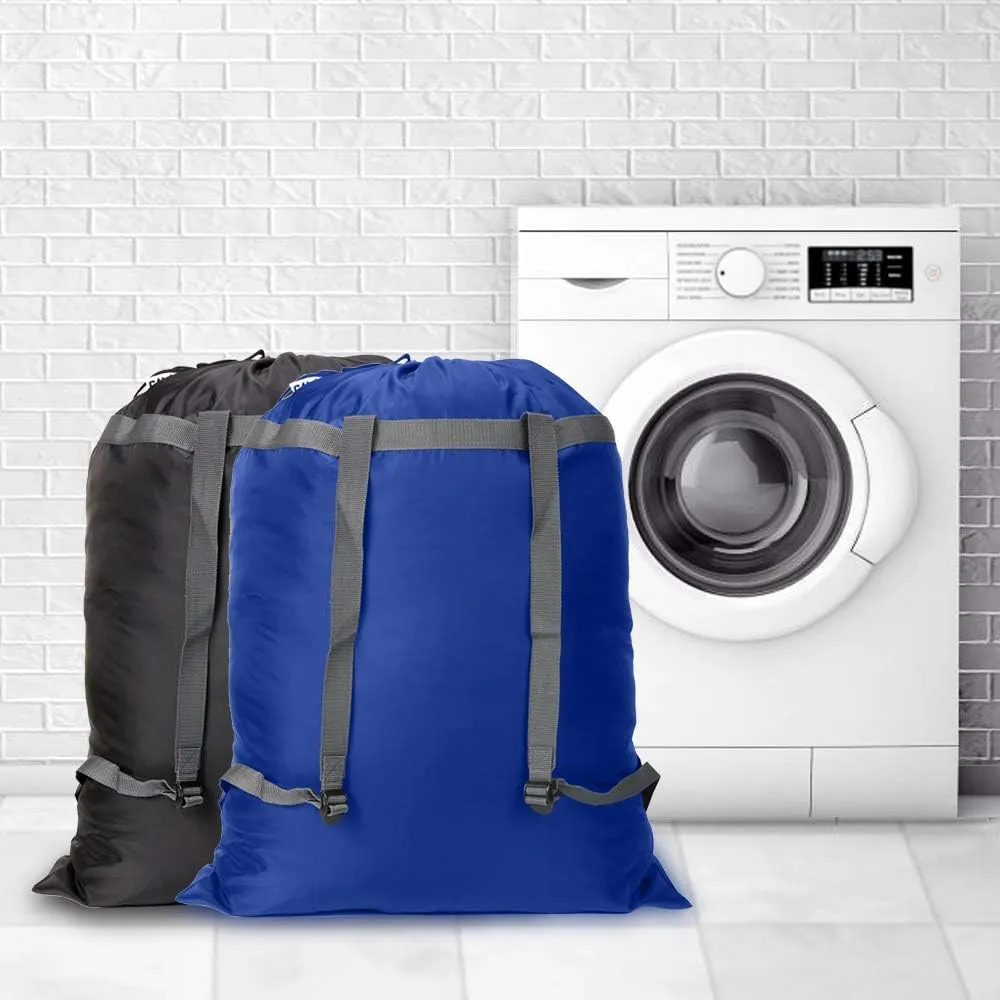 Laundry Bag Backpack, 27" x 34"Sturdy Laundry Bag with Shoulder Straps Drawstring Closure Heavy Duty Foldable Backpack for College, Travel, Laundromat, Apartment (Black Blue)