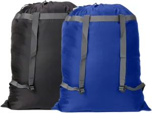 Laundry Bag Backpack, 27" x 34"Sturdy Laundry Bag with Shoulder Straps Drawstring Closure Heavy Duty Foldable Backpack for College, Travel, Laundromat, Apartment (Black Blue)