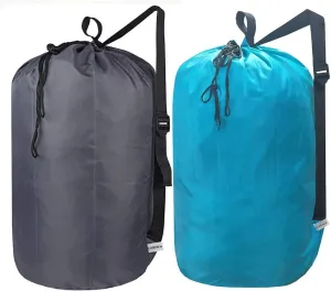 Laundry Bag Backpack with Strap, Nylon Dirty Clothes Shoulder Bag with Drawstring Closure, Tear Proof WashableLaundry Liners for Travel,Dorm Room,Dia 15x27 inches (Grey and Blue Aqua)