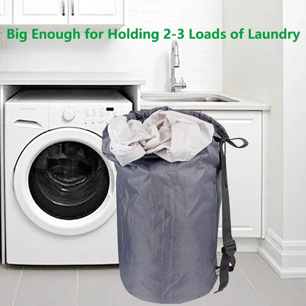 Laundry Bag Backpack with Strap, Nylon Dirty Clothes Shoulder Bag with Drawstring Closure, Tear Proof WashableLaundry Liners for Travel,Dorm Room,Dia 15x27 inches (Grey and Blue Aqua)